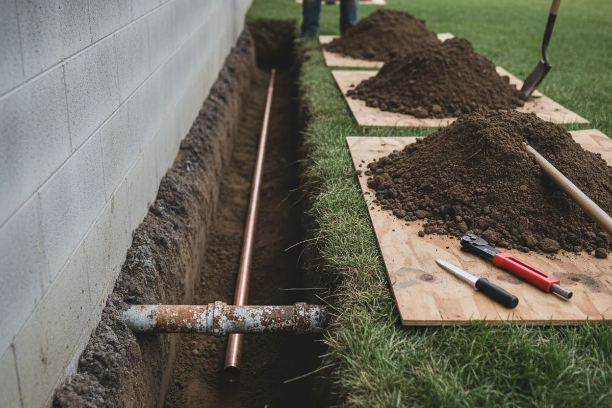 Excavated water line trench during Water Heater Repair in York Springs